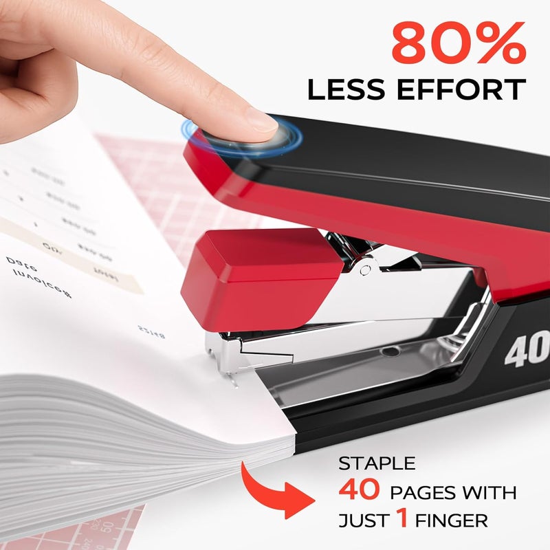 Mars-Rock Effortless Stapler for Desk with 40-50 Sheet Capacity, 2000 Staples, 1-Touch Stapling, Ergonomic & Easy to Load Desktop Staplers, Heavy Duty Stapler, and Magnetic Staple Remover, Red - Image 2